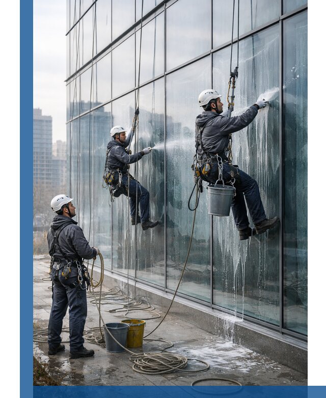 Промышленная мойка панорамных окон на высоте в Алейске