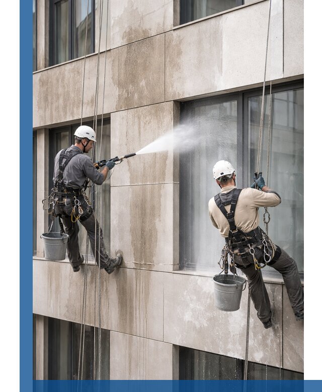 Послестроительная мойка фасада промышленным альпинизмом в Алейске