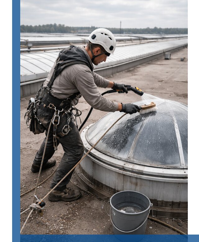 Мойка зенитных фонарей на кровле для промышленных объектов в Алейске