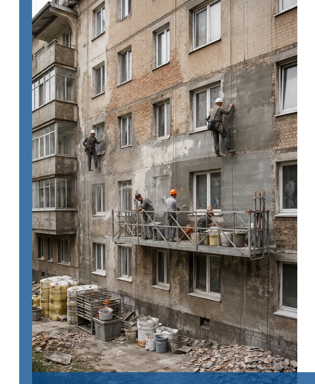 Капитальный ремонт фасада в Алейске с восстановлением и гидроизоляцией