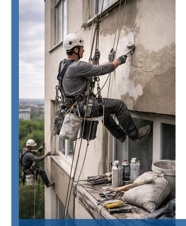 Косметический ремонт фасада зданий в Алейске промышленными альпинистами