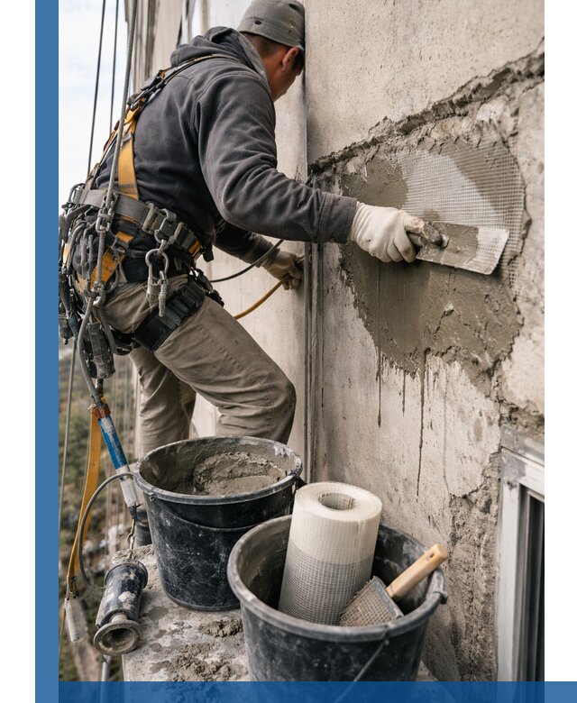 Ремонт бетонных элементов фасада промышленными альпинистами в Алейске