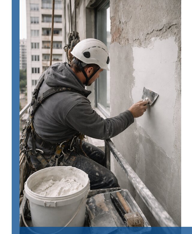 Шпаклевка фасадов на высоте с промальпинистами в Алейске