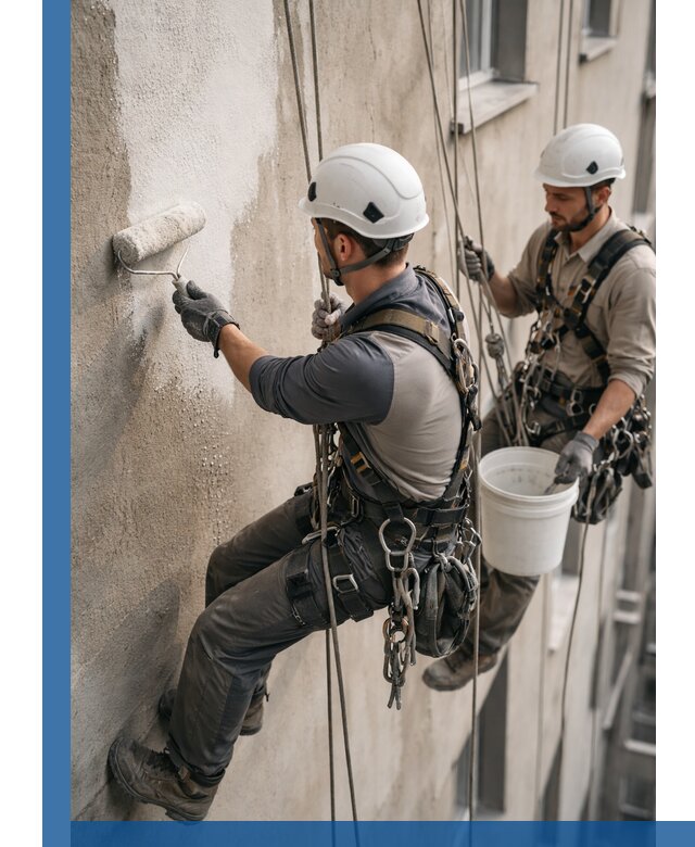 Грунтовка фасада на высоте в Алейске промышленными альпинистами