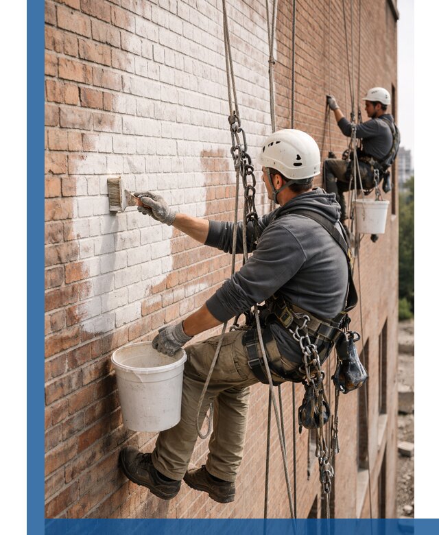Покраска кирпичного фасада с доступным альпинистским сервисом в Алейске