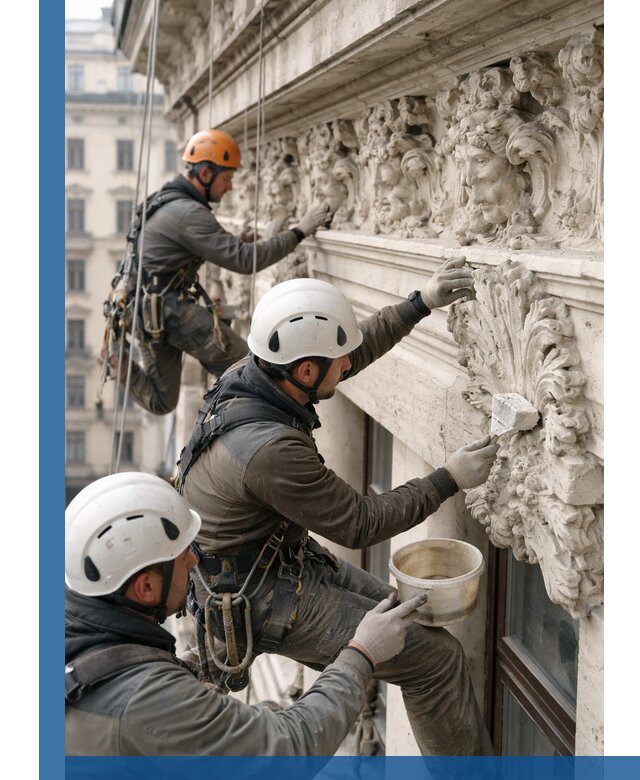 Реставрация фасадной лепнины с высотными работами в Алейске