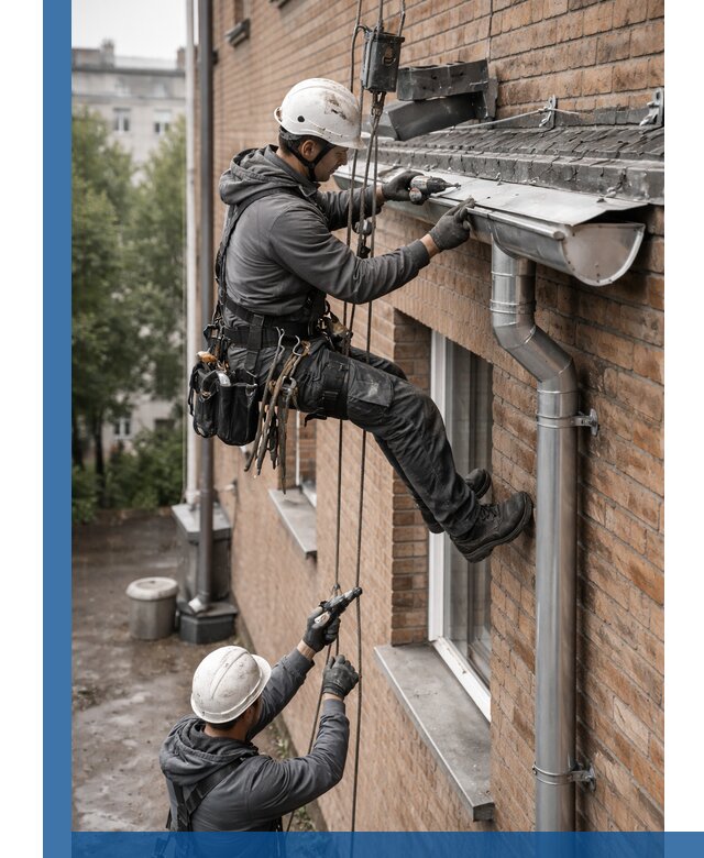 Монтаж водосточной системы на здании в Алейске под ключ