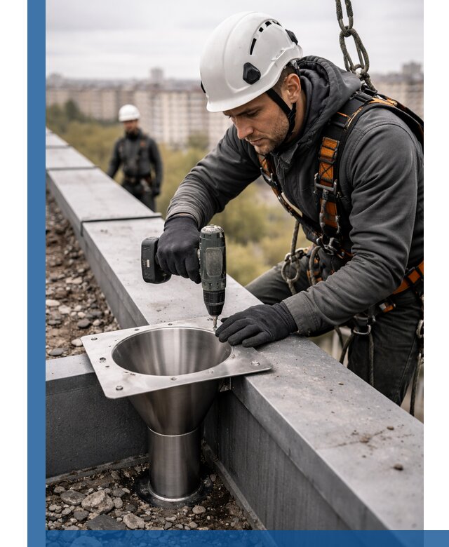 Монтаж водосточных воронок в Алейске для промышленных зданий