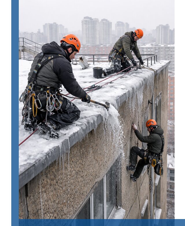 Удаление наледи с кровли в Алейске промышленными альпинистами