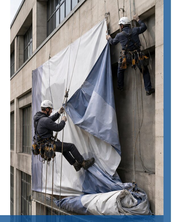 Демонтаж баннеров с фасада в Алейске от 4640 р. | ВЫСОТНИК-Лук