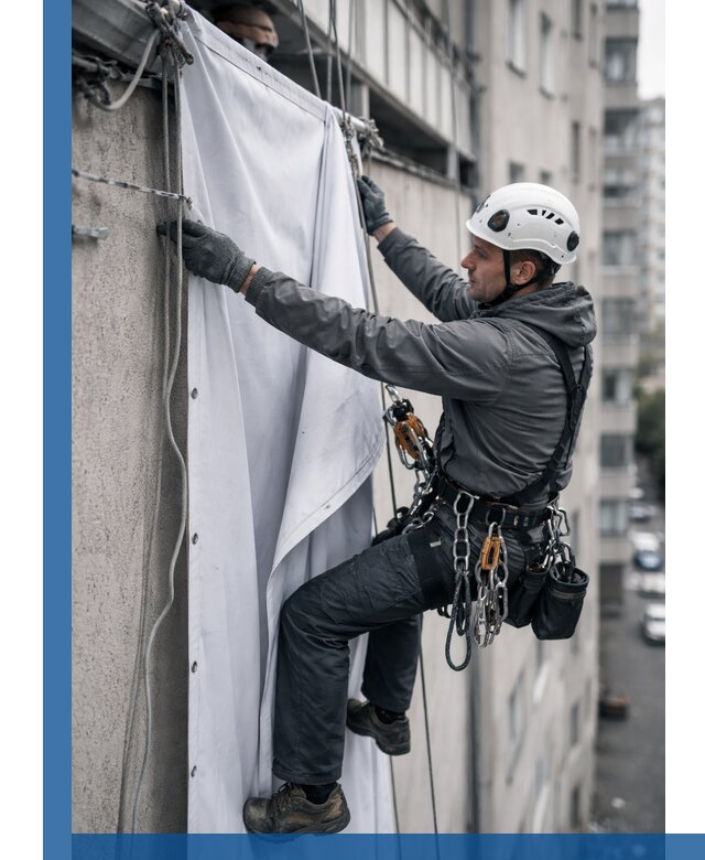 Замена баннерного полотна промышленными альпинистами в Алейске