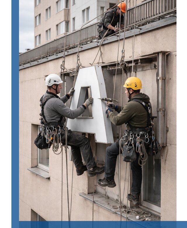 Ремонт и восстановление наружных вывесок на высоте в Алейске