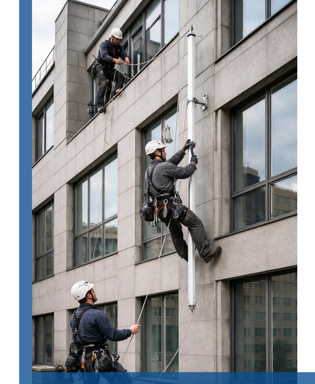 Монтаж флагштока на фасаде здания с креплением и герметикой в Алейске
