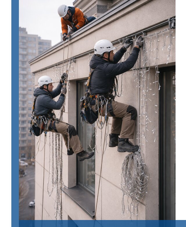 Монтаж праздничных гирлянд на фасаде в Алейске для зданий