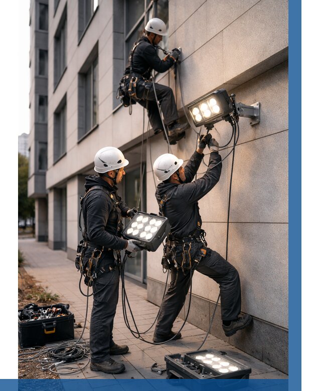 Монтаж прожекторов на фасаде в Алейске от 7733 р. | ВЫСОТНИК-Лук