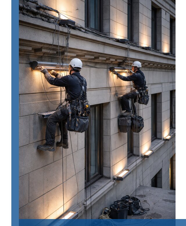 Монтаж архитектурной подсветки фасадов зданий в Алейске