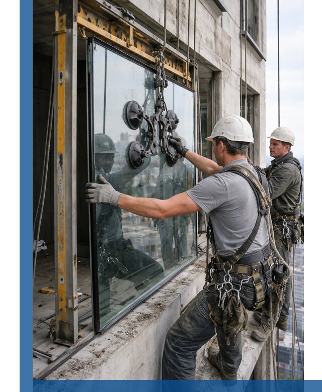 Монтаж стеклопакетов на высоте в Алейске с промышленным альпинизмом