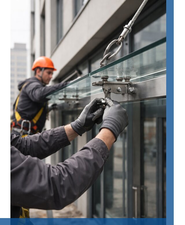 Монтаж стеклянных козырьков в Алейске от 8764 р. | ВЫСОТНИК-Лук