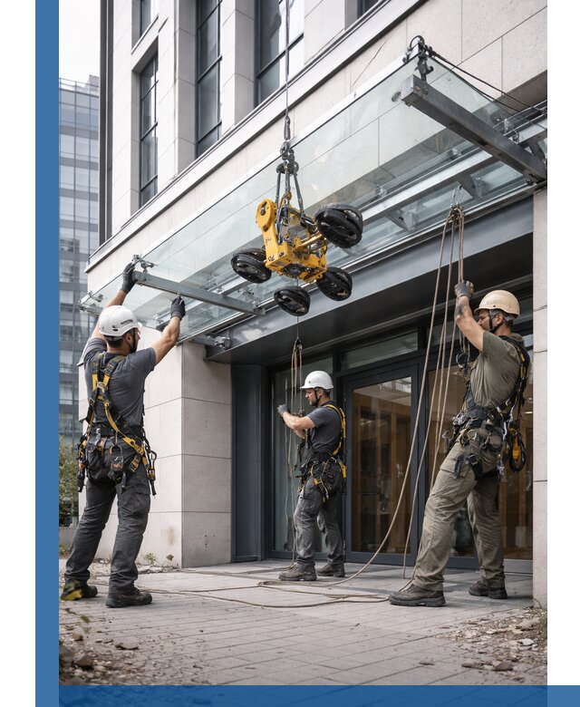 Монтаж стеклянных козырьков под ключ в Алейске для зданий