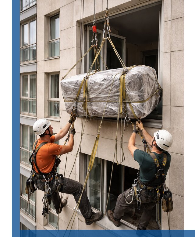 Подъем грузов через окно в Алейске промышленными альпинистами