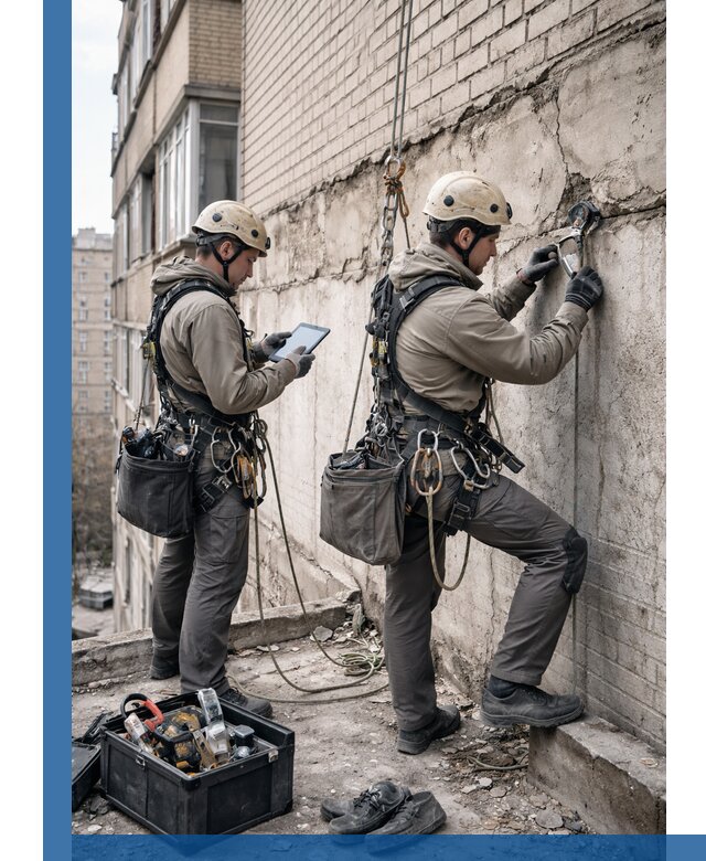 Обследование фасада промышленными альпинистами в Алейске